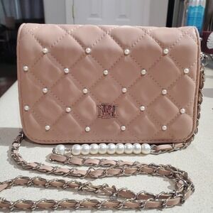 Badgley Mischka Pink Quilted‎ Faux Leather Pearl Embellished Chain Crossbody